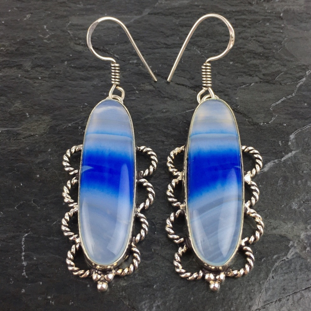New Striped Blue Botswana Agate Large Stone Silver Hook Dangle Earrings